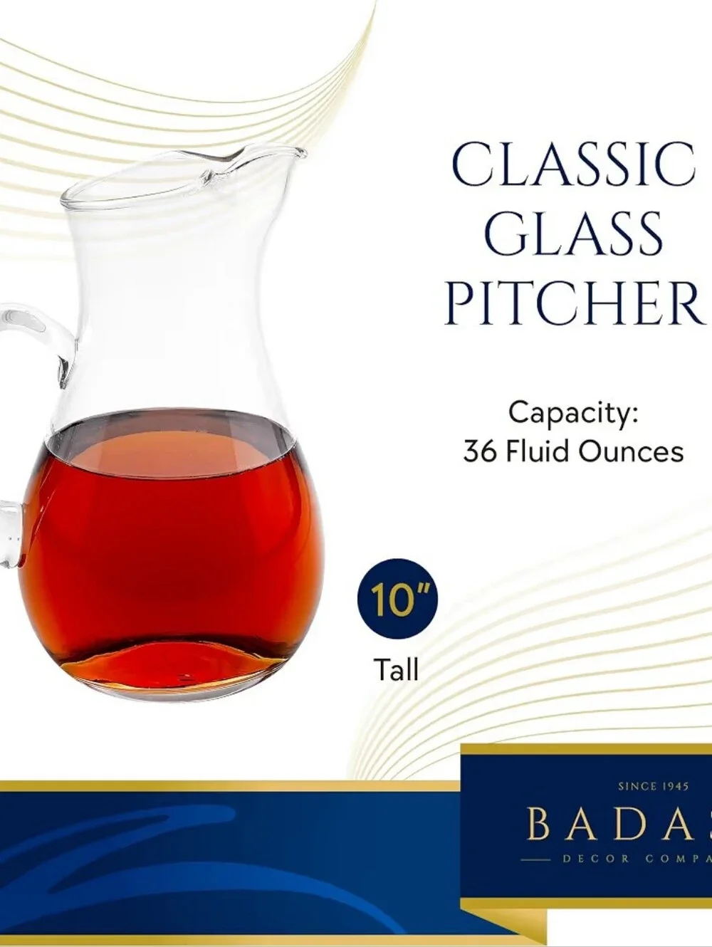 Badash Zeus Crystal Glass Water Beverage Pitcher, 36 oz